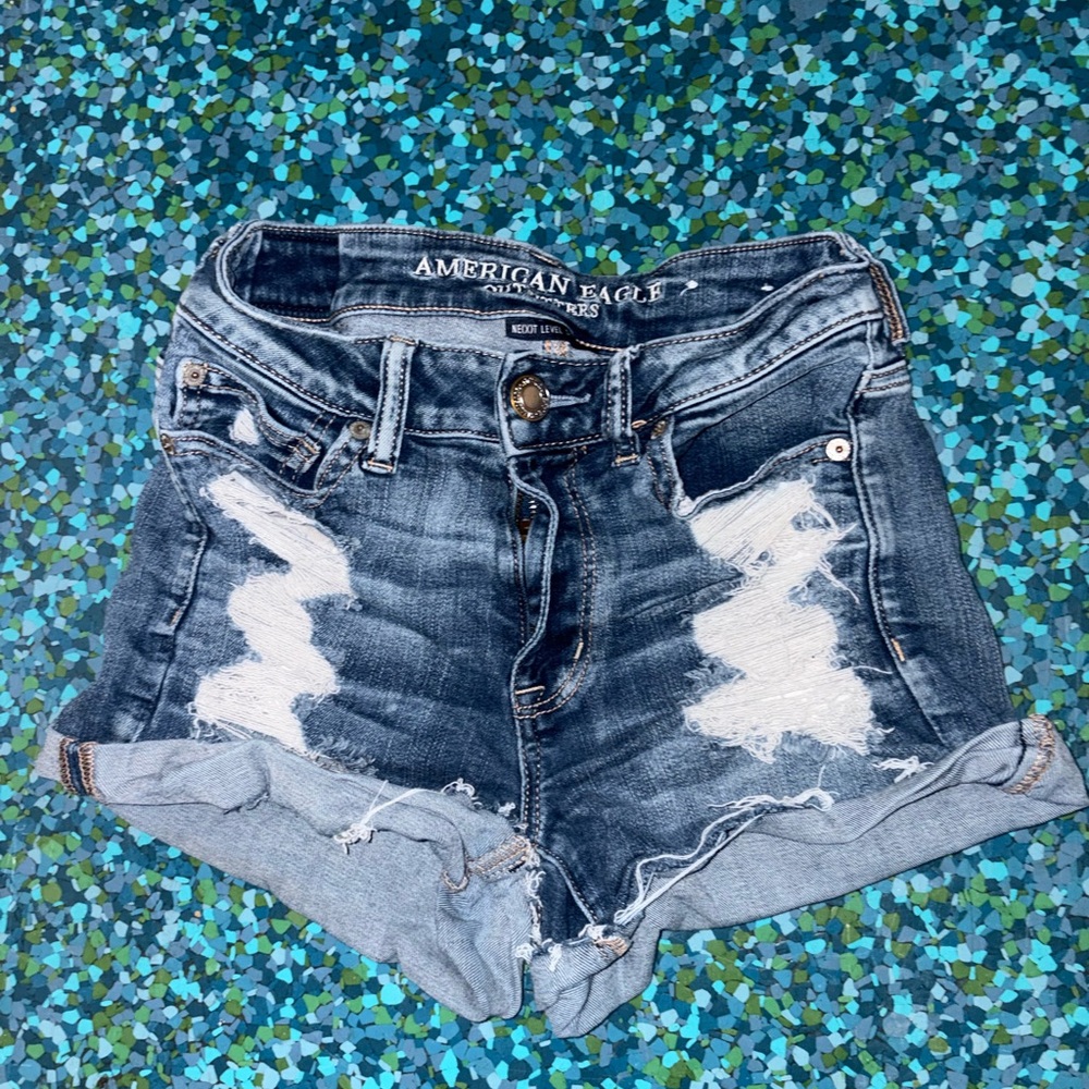 American Eagle Outfitters Distressed Dark Indigo Rolled-Hem Jean Shorts